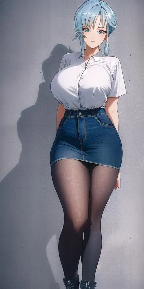 a close up of a person in a skirt and a shirt