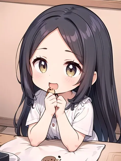 anime girl eating a cookie at a table with a cup of coffee