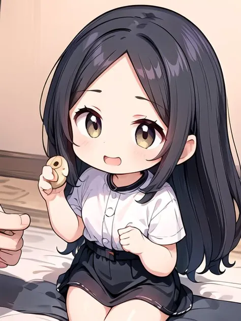 anime girl sitting on the floor eating a donut and holding a cell phone