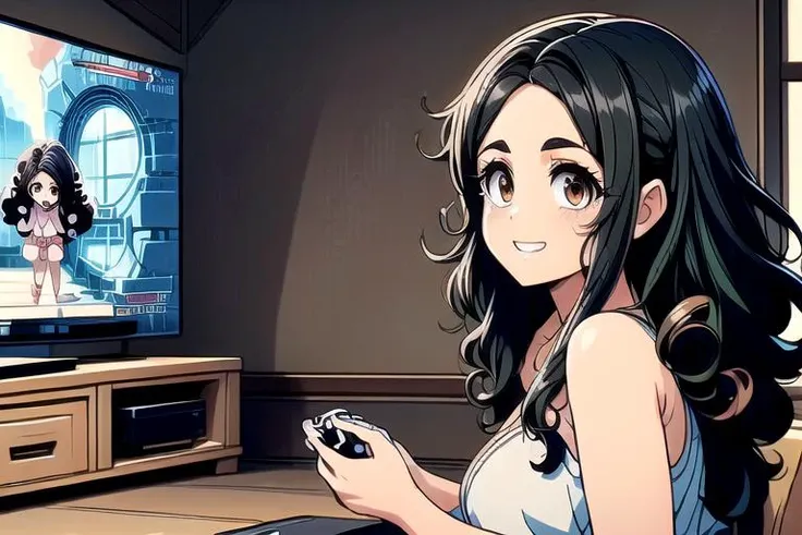 anime girl sitting in front of a tv playing a video game