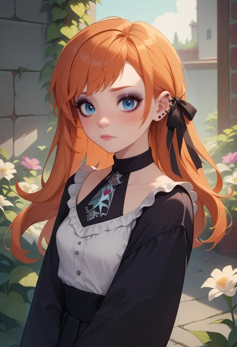 score_9, score_8_up, score_7_up BREAK pastel goth, <lora:ryne-pdxl-nvwls-v1:0.8> ryne, hair ribbon, orange hair, blue eyes, blushing, indoor garden