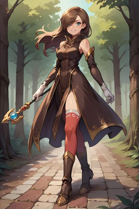 a woman in a long coat holding a sword in a forest