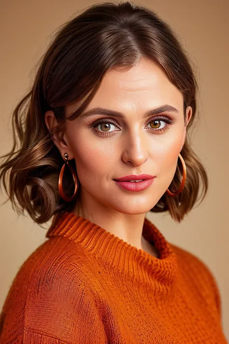 best quality portrait of (Ell13T4yl0r01-250:0.99), Curly caramel brown high ponytail hairstyle,  (wearing a simple orange sweater:1.3), in front of a (plain black studio backdrop:1.2), (masterpiece:1.5) (photorealistic:1.1) (bokeh) (best quality) (detailed...