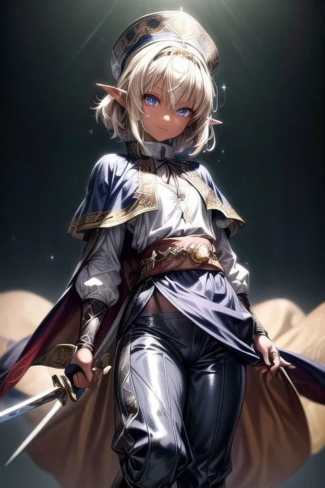 Nisei Muramasa, Nisei, 1girl, (Medium Hair, Diadem), (Blue eyes),<lora:GoodHands-vanilla:1>blonde hair, Thinking Pose, Thinking, cinematic lighting, <lyco:lighting_loha:0.2>, (Covered Body), (Small), (Tight Pants, armor, fingerless gloves, sash, brown boot...