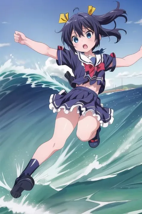 masterpiece, best quality,ultra detail, <lora:anmnr01:0.3>  <lora:add_detail:0.5>,<lora:GoodHands-vanilla:0.8>girl ,open mouth,facing at foot,ocean,big wave, <lora:RiderKick:0.8>,rider kick, <lora:chuunibyou_demo_koi_ga_shitai_offset:0.7>,takanashi rikka