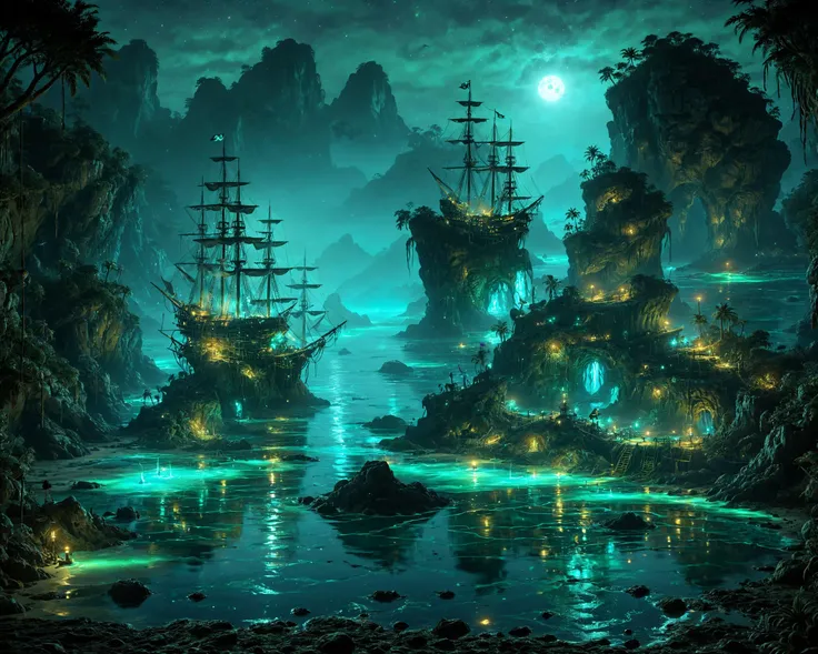 Pirate Cove,  <lora:add-detail-xl:3> <lora:Bio-Luminescence:0.8> bioluminescent, glowing