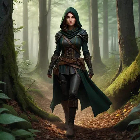 a woman in a green cloak and boots walking through a forest