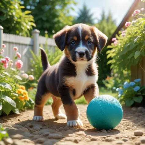 a puppy playing with a ball in the garden, midday, summer, volumetric light,