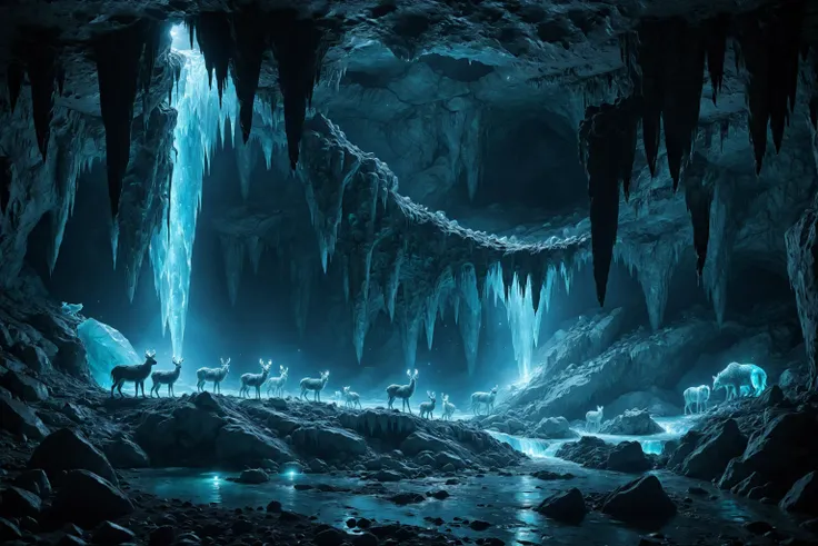 inside a glacier cave, waterfall, (night:1.3), moonlight,  mysterious glowing animals,  <lora:add-detail-xl:3>,  <lora:Bio-Luminescence:0.8> bioluminescent, glowing