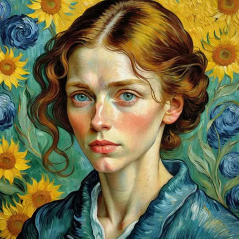 a painting of a woman with red hair and blue eyes