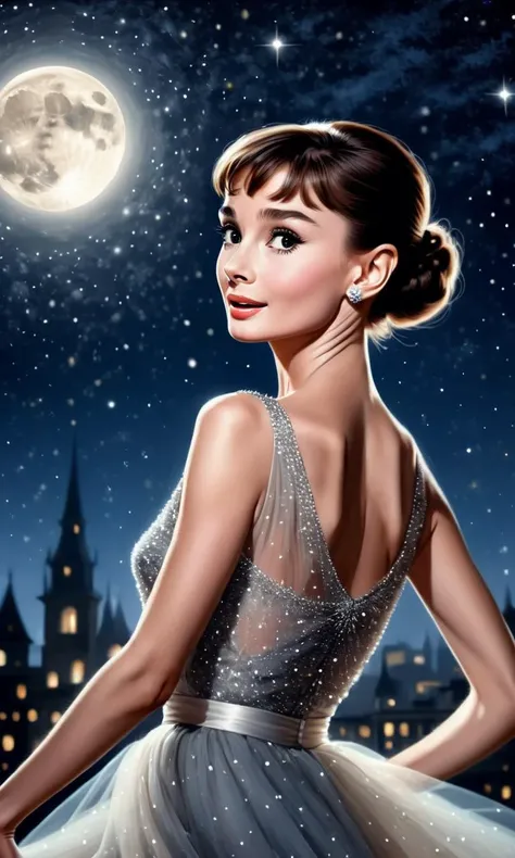 a stylish photo of Audrey Hepburn dancing in the night, high detail, beautiful, classy, elegant, female focus, depth, stars in the sky, moonlight,