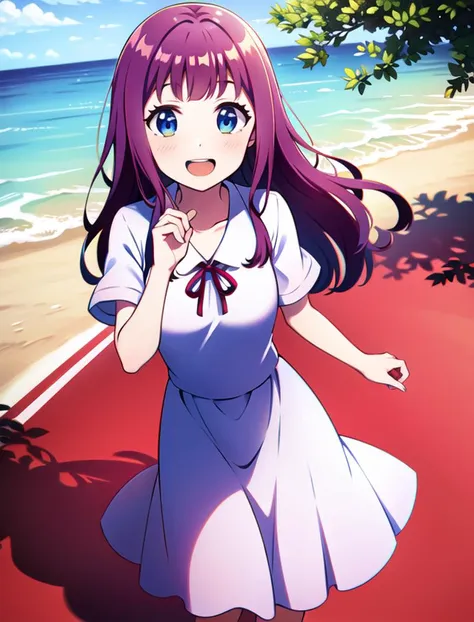 anime girl in a white dress walking on a red carpet