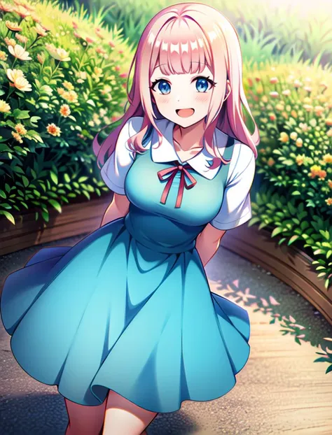 anime girl in blue dress walking down a path in a garden