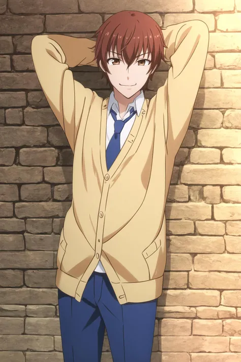 masterpiece, best quality, 1boy, solo, takumi_kijima, upper body, standing, against wall, brick wall, arms behind head, looking at viewer, brown hair, brown eyes, smug, smirk, layered clothes, (yellow cardigan), blue necktie, blue pants,