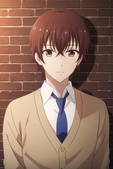 masterpiece, best quality, 1boy, takumi_kijima, portrait, upper body, against wall, brick wall, looking at viewer, brown hair, brown eyes, expressionless, (cardigan), white shirt, loose blue necktie,