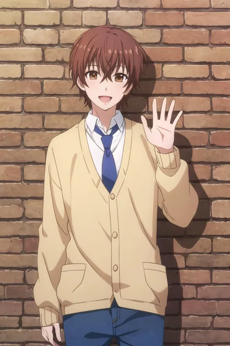 masterpiece, best quality, 1boy, solo, takumi_kijima, upper body, standing, against wall, brick wall, hand up, waving, arm at side, looking at viewer, brown hair, brown eyes, smile, open mouth, layered clothes, (yellow cardigan), blue necktie, blue pants,