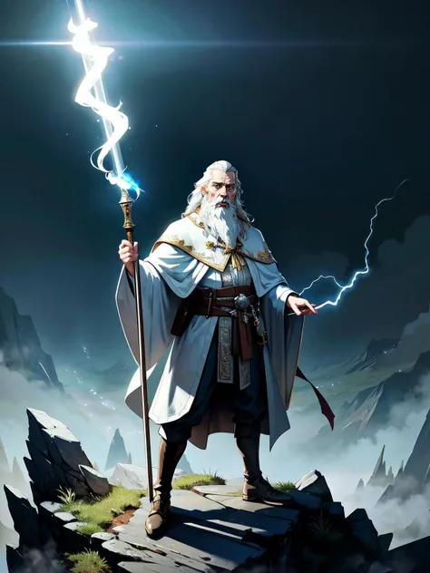 full body of (one) brittish old man, a wizard casting a (lightning bolt spell), from the top of a mountain, (at night), wearing white wizard (robes), long white beard, long white hair,
detailed, intricate, (detailed fantasy background), dim lighting, volum...