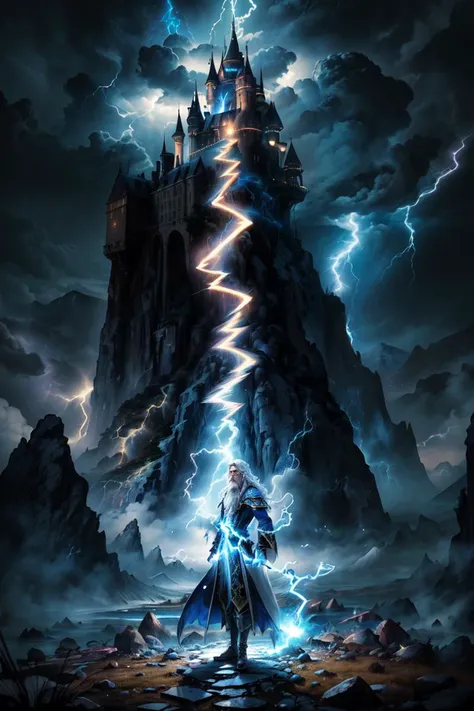 (masterpiece, max quality, absurdres:1.4), colorful, perfect picture, wallpaper, 
full body shot of one man casting (blue lightning bolt spell:1.5), wizard, long white hair, brown eyes, long white beard, white flowing wizard robes, mountain with castle bac...