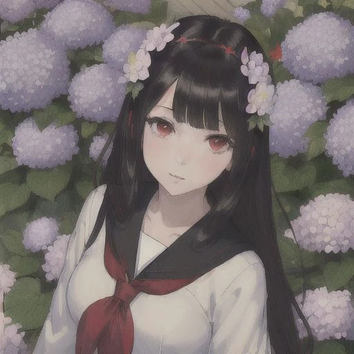 (masterpiece,best quality,ultra-detailed:1.6), illustration, 1girl, solo, red eyes, hair flower, hair black, bangs hair, school uniform, serafuku, hydrangea, garden, from above, <lora:SankaRea-Rea-release-1.0:0.6>,