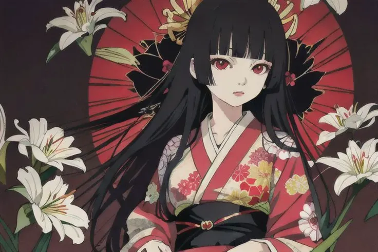 anime girl in kimono outfit with umbrella and flowers