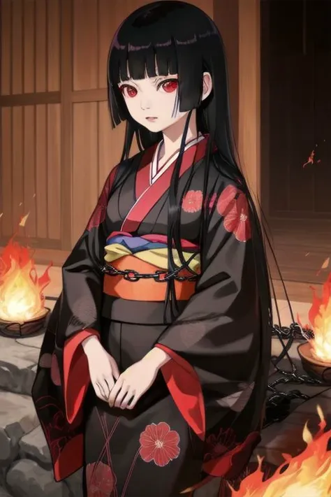 a woman in a kimono outfit sitting on a stone floor with fire