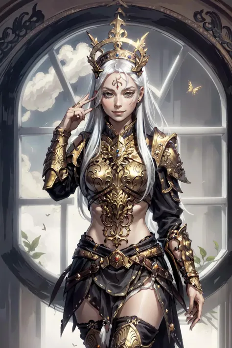 a woman in armor and a crown standing in front of a window