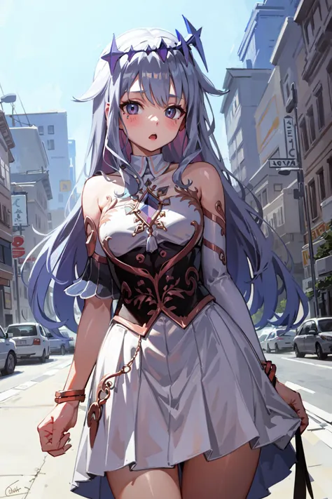 anime girl in a short dress walking down a city street