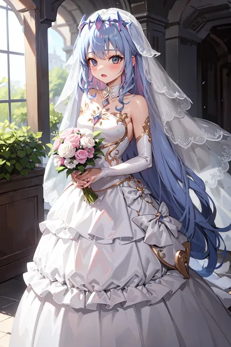 anime wedding dress with veil and flowers