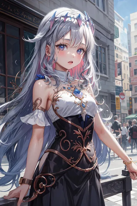 anime girl with long gray hair and blue eyes standing on a city street