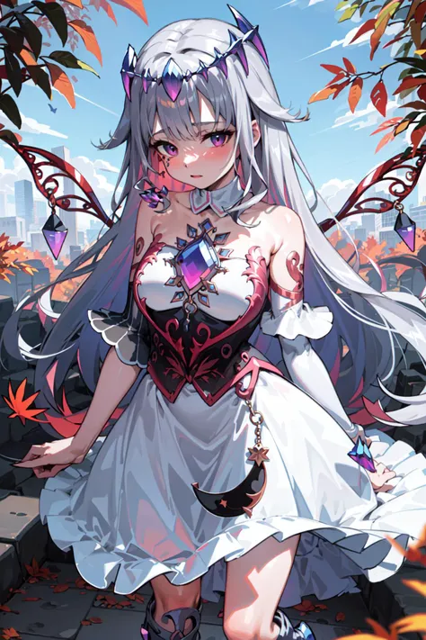 anime girl with long white hair and a corset dress