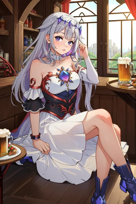 a woman in a dress sitting on a table with a glass of beer