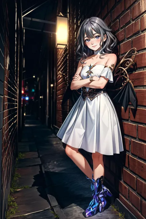 anime girl in white dress and blue shoes leaning against brick wall