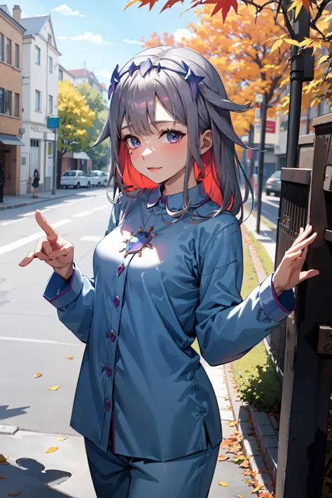 anime girl in blue jacket and red hair standing on a street corner