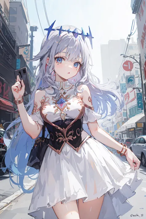 anime girl in a white dress walking down a street holding a cell phone