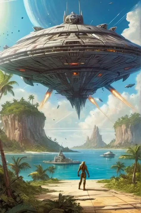 <lora:Marc Silvestri Style:1> Marc Silvestri Style, huge square spaceship landing on top of (paradise island:1.3),sunny day,
space opera,
space opera,