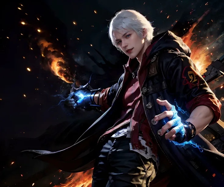 nero (devil may cry),nero (dmc4), 1boy, solo,early teen, short hair,white hair,blue eyes, coat, hood, pants, gloves, demon hand,