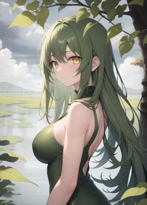 a woman with long green hair and a green dress standing in front of a lake