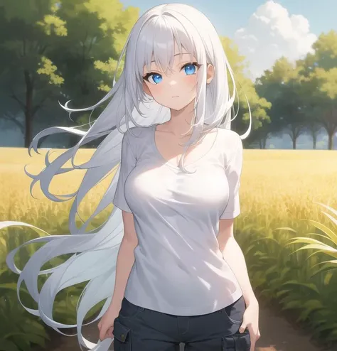 anime girl with long white hair standing in a field of grass