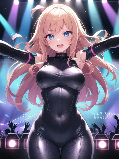 a woman in a black outfit is standing in front of a stage