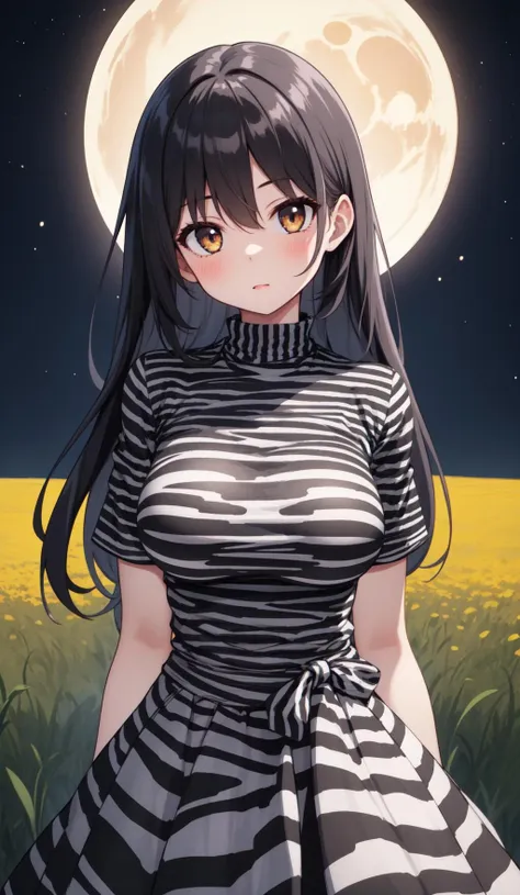 a woman in a striped dress standing in a field with a full moon in the background