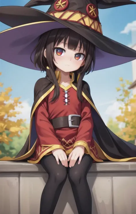 1 girl,cute,looking at viewer, adorabel girl,cute face,details sky,handsome,young,juvenile,((masterpiece:1.4,best quality)),multiple details,eyeshadow,sfw, (medium  shot:1.5),
crimson  eyes, sitting, (black lycra pantyhose:0.8),
 <lora:Megumin_2:1>,
RED DR...