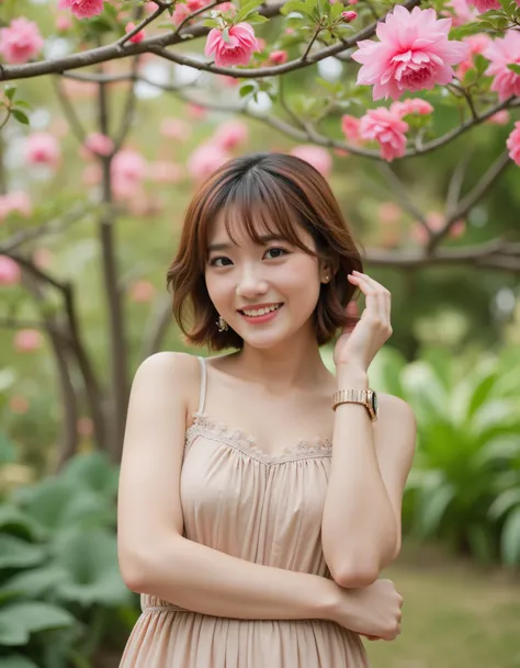 A high-quality photograph of a young woman standing in a vibrant garden, smiling brightly. She has short, wavy brown hair that catches the light, and she is wearing a light-colored, flowing dress with a subtle floral pattern. Her right hand is gently lifte...