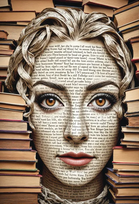 Closeup photo over the top of book piles of exquisite beautiful womans face staring with disapproval, face and hair made of paper, studying ancient text in old medieval castle. detailmaximizer.  <lora:FLUXdetailmaximizer_aidmaImageUpgrader>