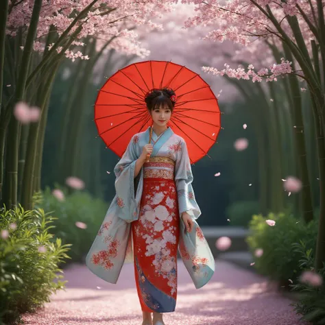 Imagine a graceful Japanese woman in a colorful kimono, adorned with intricate designs, walking serenely under a canopy of cherry blossoms within a lush bamboo grove. She carries a vibrant red Chinese oiled umbrella that adds a pop of color to the scene, p...