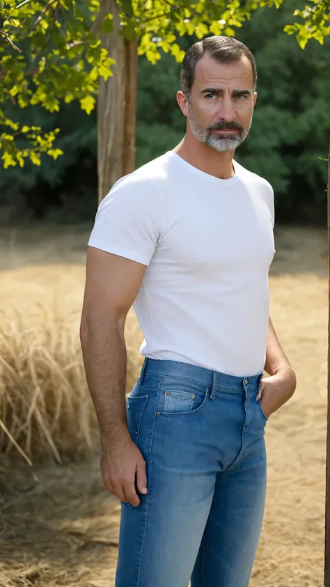 photo, handsome man felipe vi, daddy, white t-shirt, blue jeans, boots, ranch, farm, photoshoot, muscular, veins, realism, natural lighting <lora:Felipe_VI_Lora:0.8>  epiCPhoto