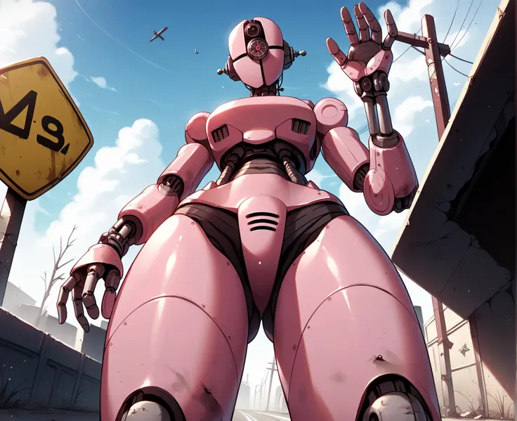 anime - style pink robot standing in front of a street sign