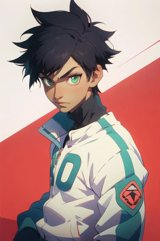 masterpiece, best quality, high quality, 1boy, solo, male focus, looking at viewer, upper body, <lora:tatsuya_bungo:0.62>, tatsuya_bungo, black hair, green eyes, spiked hair, , track suit