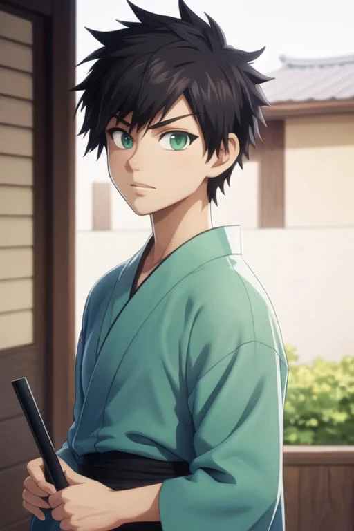 masterpiece, best quality, high quality, 1boy, solo, male focus, looking at viewer, upper body, <lora:tatsuya_bungo:0.56>, tatsuya_bungo, black hair, green eyes, spiked hair, realistic, yukata