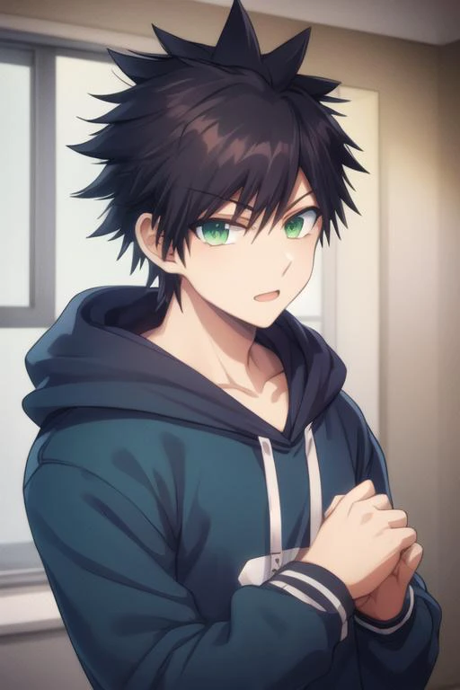 masterpiece, best quality, high quality, 1boy, solo, male focus, looking at viewer, upper body, <lora:tatsuya_bungo:0.66>, tatsuya_bungo, black hair, green eyes, spiked hair, , hoodie