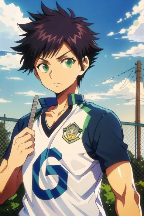 masterpiece, best quality, high quality, 1boy, solo, male focus, looking at viewer, upper body, <lora:tatsuya_bungo:0.72>, tatsuya_bungo, black hair, green eyes, spiked hair, , sportswear